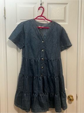 Girls' Dark Blue Denim Tiered Button-Front Dress